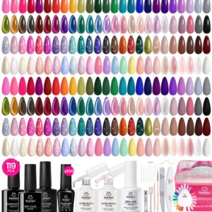 Beetles Gel Nail Polish Set, 119 PCS 100 Colors Gel Polish Kit Base Glossy Matte Glitter Top Coat Nail Polish Neon Glitter Pearl Cat Eye White Red Pink Nude Green Blue Summer Nails Gift for Women