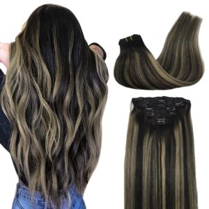GOO GOO Clip in Hair Extensions Real Human Hair, Remy Human Hair Extensions Clip ins for Women, Natural Human Hair, 14inch 120g 7Pcs, 1B/16/1B Balayage Natural Black to Light Blonde