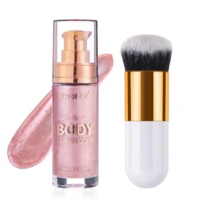 Sparkle Pink Body Glow Oil, Long Lasting Moisturizing Bronze Luminizer For Face & Body, Waterproof Liquid Illuminator 1oz/Jar, Makeup Brush Included