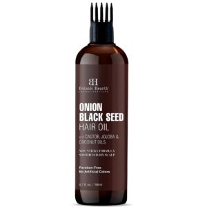 Botanic Hearth Onion Black Seed Hair Oil (6.7 fl oz) | Soothes Itchy Scalp, Strenghthens Hair | With Castor, Jojoba & Coconut Oils | Hair Fall & Hair Loss Control | With Comb Applicator
