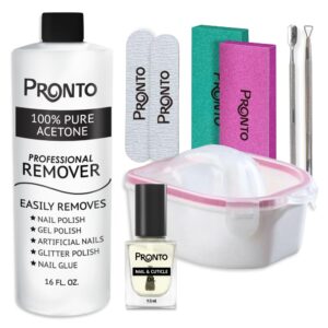 Pronto Gel Nail Polish Remover Kit – 16oz Pure Acetone, Nail Soaking Bowl, Moisturizing Cuticle Oil, Manicure Kit Including Gel Nail Polish Tools, Nail File, Nail Buffer, Cuticle Pusher & Nail Scraper