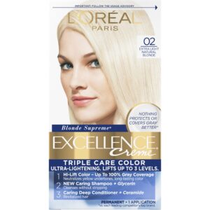 L’Oreal Paris Excellence Creme Permanent Triple Care Hair Color, 02 Extra Light Natural Blonde, Gray Coverage For Up to 8 Weeks, All Hair Types, Pack of 1