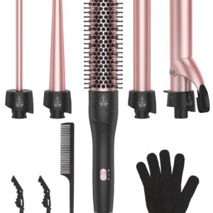 ANIEKIN 5 in 1 Curling Iron Set, Fast Heat Up Curling Wand from 3/8 to 1 1/4 Inch and a Thermal Brush Come with, Dual Voltage Hair Curler for Women All Hair Types and Travel Use, Gifts for Women