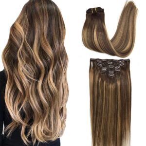 GOO GOO Clip in Hair Extensions Real Human Hair, Remy Human Hair Extensions Clip ins for Women, Natural Human Hair, 26inch 135g 7Pcs, 4/27/4 Balayage Chocolate Brown to Caramel Blonde