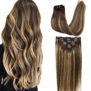GOO GOO Clip in Hair Extensions Real Human Hair, Remy Human Hair Extensions Clip ins for Women, Natural Human Hair, 12inch 85g 7Pcs, 4/27/4 Balayage Chocolate Brown to Caramel Blonde