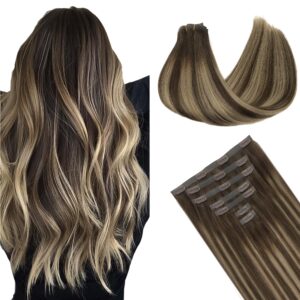 GOO GOO Clip in Hair Extensions Real Human Hair, Remy Human Hair Extensions Clip ins for Women, Natural Human Hair, 16inch 130g 7Pcs, 4/26/4 Balayage Chocolate Brown to Honey Blonde