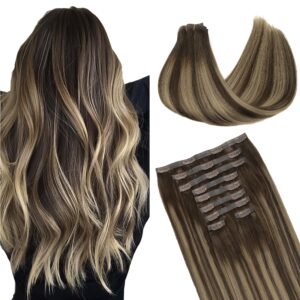 GOO GOO Clip in Hair Extensions Real Human Hair, Remy Human Hair Extensions Clip ins for Women, Natural Human Hair, 14inch 130g 9Pcs, 4/26/4 Balayage Chocolate Brown to Honey Blonde