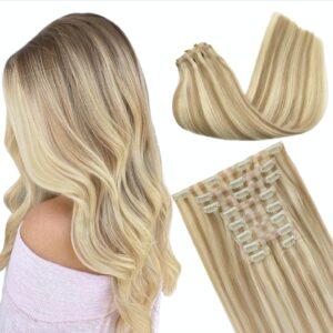 GOO GOO Clip in Hair Extensions Real Human Hair, Remy Human Hair Extensions Clip ins for Women, Natural Human Hair, 14inch 130g 9Pcs, 18A/613A Dark Blonde Highlighted Bleach Blonde