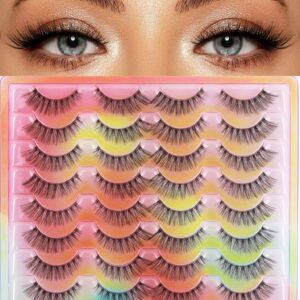 False Eyelashes Natural Look Clear Band Mink Lashes 5D Cat Eye Lashes Wispy Faux Mink Strip Lashes Pack by Kiromiro