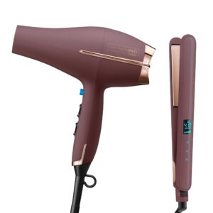 Conair Limited Edition Bundle | INFINITIPRO by CONAIR Hair Dryer with Diffuser – and – Conair Double Ceramic 1-inch Digital Flat Iron | Plum | Amazon Exclusive