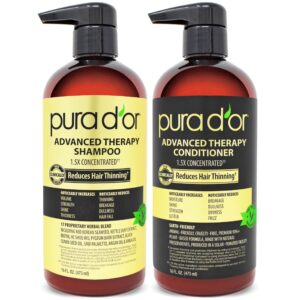 PURA D’OR Advanced Therapy Biotin Shampoo & Conditioner Hair Care Set For Hair Thinning, CLINICALLY TESTED Effective Results, Herbal Hair Thickening Products For Women & Men, 16oz x2