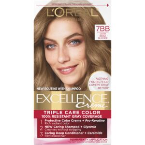 L’Oreal Paris Excellence Creme Permanent Triple Care Hair Color, 7BB Dark Beige Blonde, Gray Coverage For Up to 8 Weeks, All Hair Types, Pack of 1