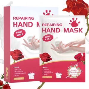 ASMAYSA 5 Pack Hand Mask Set with Rose and Milk> Moisturizing and Nourishing Gloves for Dry Cracked Hands> Hydrating Hand Treatment Mask for Women and Men> Repairing Spa Gloves for Soft Smooth Skin