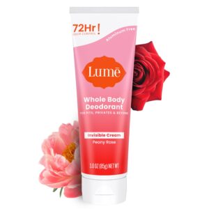 Lume Whole Body Deodorant – Invisible Cream Tube – 72 Hour Odor Control – Aluminum Free, Baking Soda Free, Skin Safe – 3.0 ounce (Peony Rose)