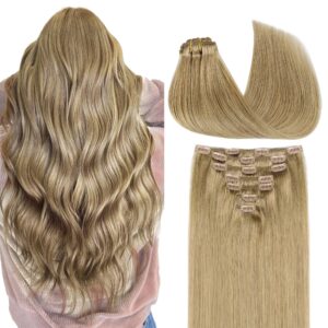 GOO GOO Clip in Hair Extensions Real Human Hair, Remy Human Hair Extensions Clip ins for Women, Natural Human Hair, 14inch 120g 7Pcs, 7 Bronde