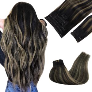 GOO GOO Clip in Hair Extensions Real Human Hair, Remy Human Hair Extensions Clip ins for Women, Natural Human Hair, 14inch 150g 9Pcs, 1B/16/1B Balayage Natural Black to Light Blonde