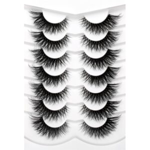 Pooplunch False Eyelashes Fluffy Cat Eye Look Clear Band Wispy Dramatic Long 8D Volume Faux Mink Lash Fake Eyelashes 7 Pairs Pack