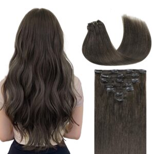 GOO GOO Clip in Hair Extensions Real Human Hair, Remy Human Hair Extensions Clip ins for Women, Natural Human Hair, 14inch 120g 7Pcs, 1C Mocha Brown