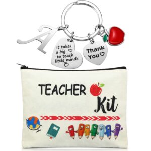 MTLEE 2 Pcs Teacher Appreciation Gift Sets 2025 Graduation Present Makeup Pouch Cosmetic Bag Thank You Keychain with Initial(A Shape)