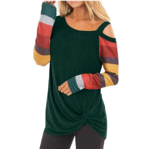 Women Long Sleeve Shirts Casual Striped Color Block Blouse Comfy Loose Fit Round Neck T Shirt Tops Green