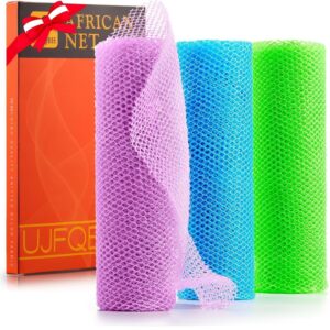 3 Pieces African Bath Sponge African Net Long Net Bath Sponge Exfoliating Shower Body Scrubber Back Scrubber Skin Smoother,Great for Daily Use (Pale Purple, Blue, Green)
