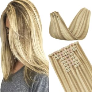 GOO GOO Clip in Hair Extensions Real Human Hair, Remy Human Hair Extensions Clip ins for Women, Natural Human Hair, 14inch 130g 9Pcs, 16/22 Light Blonde Highlighted Golden Blonde