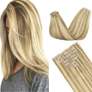 GOO GOO Clip in Hair Extensions Real Human Hair, Remy Human Hair Extensions Clip ins for Women, Natural Human Hair, 24inch 160g 7Pcs, 16/22 Light Blonde Highlighted Golden Blonde