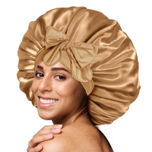 BONNET QUEEN Silk Bonnet for Sleeping Satin Bonnet Hair Bonnet for Sleeping Satin bonnets Night Sleep Bonnet for Braids Bonnet with Tie Band Large Bonnet Big Bonnet Women Curly Hair Gold