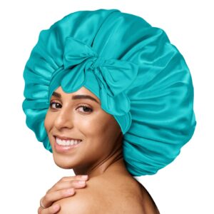 BONNET QUEEN Satin Bonnet Cool Breathable Single Layer Silk Bonnet for Sleeping Women Hair Bonnet Night Sleep Cap Scarf Wrap for Curly Hair with Tie Band Aqua