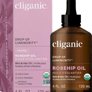 Cliganic Organic Rosehip Seed Oil for Face, 100% Pure | Natural Cold Pressed Unrefined Non-GMO | Carrier Oil for Skin, Hair & Nails (Packaging May Vary)