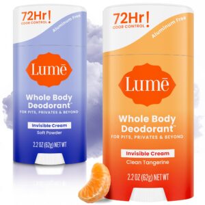 Lume Whole Body Deodorant – Invisible Cream Stick – 72 Hour Odor Control – Doctor Developed – Aluminum Free, Baking Soda Free and Skin Loving – 2.2 Ounce (2 pack) (Soft Powder & Clean Tangerine)