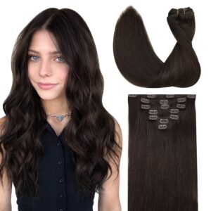 GOO GOO Clip in Hair Extensions Real Human Hair, Remy Human Hair Extensions Clip ins for Women, Natural Human Hair, 18inch 120g 7Pcs, 2A Light Brown
