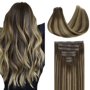 GOO GOO Clip in Hair Extensions Real Human Hair, Remy Human Hair Extensions Clip ins for Women, Natural Human Hair, 24inch 120g 7Pcs, 4/26/4 Balayage Chocolate Brown to Honey Blonde