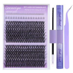 Geeneiya Bottom Lash Extension Kit Natural Cluster Eyelash Extension Kit DIY D Curl Lash Clusters Kit with Lash Bond and Seal Glue, Lash Applicator for Self Application at Home (30D+40D+BOTTOM)