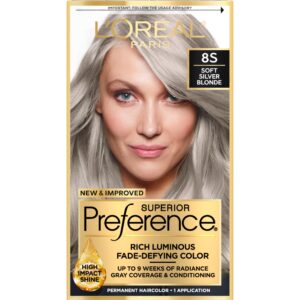 L’Oreal Paris Superior Preference Luminous Fade-Defying Permanent Hair Color, Hair Dye For Up to 9 Weeks of Radiance, Light Silver Blonde 8S, 1 Hair Dye Kit
