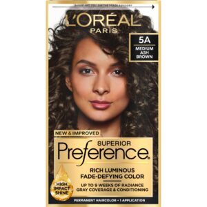 L’Oreal Paris Superior Preference Fade-Defying + Shine Permanent Hair Color, 5A Medium Ash Brown, Pack of 1, Hair Dye