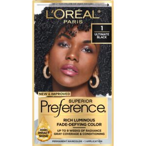 L’Oreal Paris Superior Preference Fade-Defying + Shine Permanent Hair Color, 1.0 Ultimate Black, Pack of 1, Hair Dye