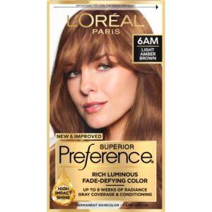 L’Oreal Paris Superior Preference Fade-Defying + Shine Permanent Hair Color, 6AM Light Amber Brown, Pack of 1, Hair Dye