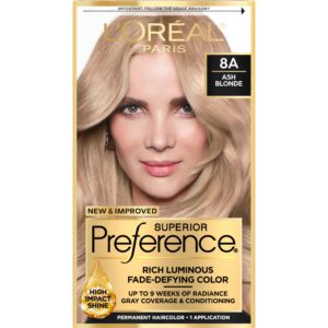 L’Oreal Paris Superior Preference Fade-Defying + Shine Permanent Hair Color, 8A Ash Blonde, Pack of 1, Hair Dye