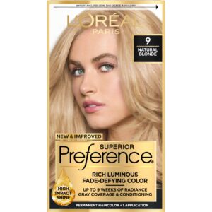L’Oreal Paris Superior Preference Fade-Defying + Shine Permanent Hair Color, 9 Natural Blonde, Pack of 1, Hair Dye