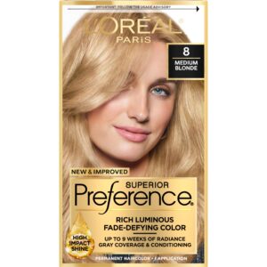 L’Oreal Paris Superior Preference Fade-Defying + Shine Permanent Hair Color, 8 Medium Blonde, Pack of 1, Hair Dye