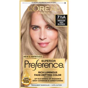 L’Oreal Paris Superior Preference Fade-Defying + Shine Permanent Hair Color, 7.5A Medium Ash Blonde, Pack of 1, Hair Dye