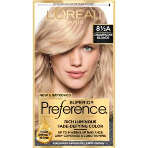 L’Oreal Paris Superior Preference Fade-Defying + Shine Permanent Hair Color, 8.5A Champagne Blonde, Pack of 1, Hair Dye