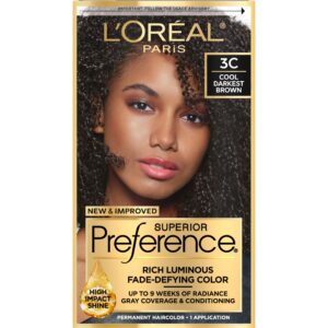 L’Oreal Paris Superior Preference Fade-Defying + Shine Permanent Hair Color, 3C Cool Darkest Brown, Pack of 1, Hair Dye