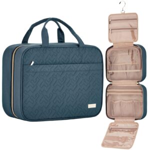 NISHEL Travel Toiletry Bag for women, Portable Hanging Organizer for Full-Sized Shampoo, Conditioner, Brushes Set, Makeup Accessories, Large Size, Lake-Blue