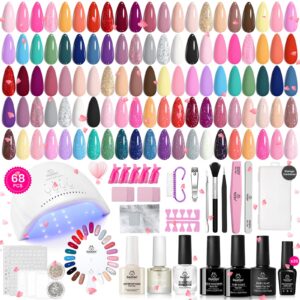Beetles Gel Nail Polish Kit with U V Light – 68 Pcs Set 35 Colors Pink Glitter Nude Gray Gel Polish with Base Matte&Glossy Top Coat Vivid Seasons Gel Nail Set Nail Art Gift for Women & Girls