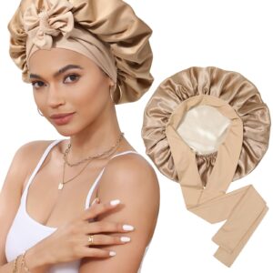 Satin Bonnet Silk Bonnet for Sleeping Silk Sleep Cap Double Layer Hair Bonnet with Elastic Tie Band for Curly Hair Night Cap (Coffee + Champagne)