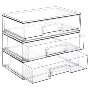 Vtopmart 12.1”W Clear Stackable Storage Drawers,3 Pack Acrylic Plastic Organizers Bins for Makeup Palettes, Cosmetics, and Beauty Supplies,Ideal for Vanity, Bathroom,Cabinet,Desk Organization
