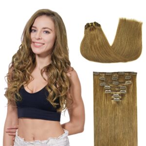 GOO GOO Clip in Hair Extensions Real Human Hair, Remy Human Hair Extensions Clip ins for Women, Natural Human Hair, 14inch 120g 7Pcs, 8C Ash Brown
