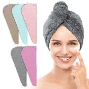 TENSTARS 5 Pack Thicken Microfiber Hair Towel Wrap for Women – Elastic Loop Design – 320GSM Coral Velvet – Quick Dry Hair Turban – 11×28 Inch (Grey+Pink+Brown+FrozenBlue+FrozenBerry)